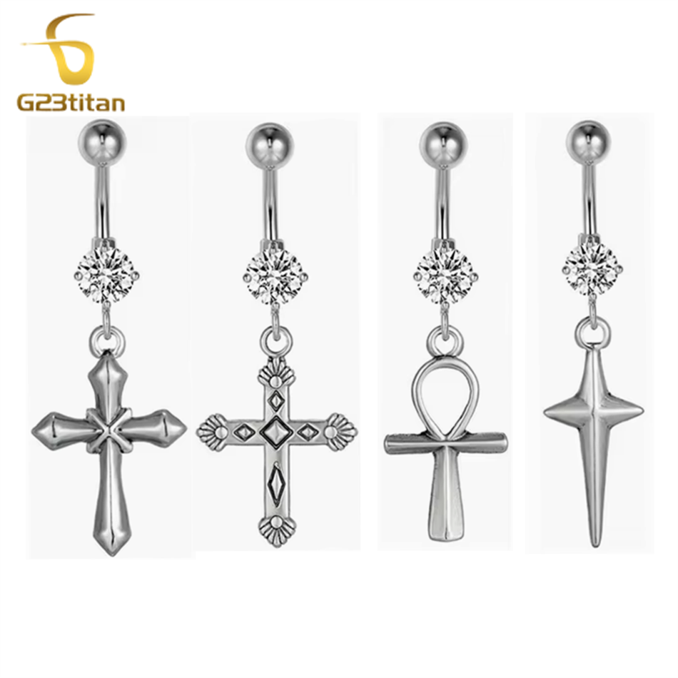 Belly Bar Titanium - Antique Silver Cross Charms Belly Button