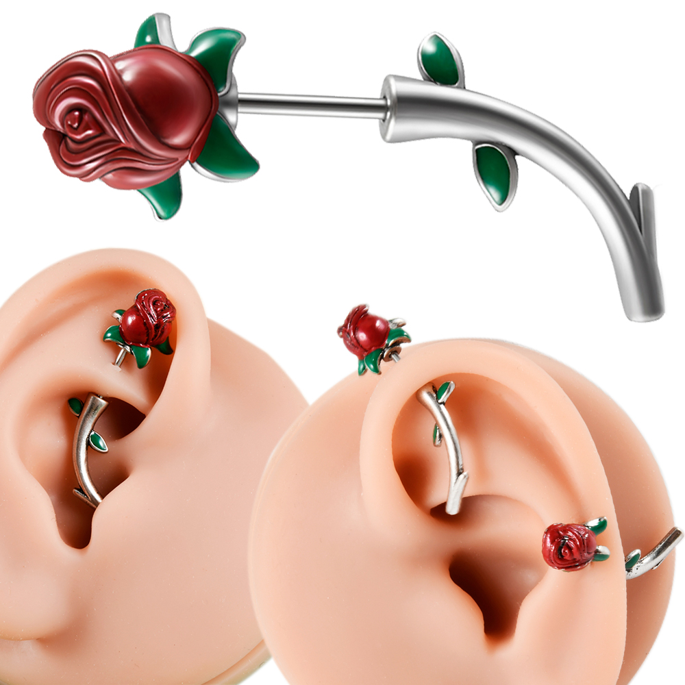 1PC Surgical Steel  Red Rose F - огляд і ціна Rook Curved Barbell